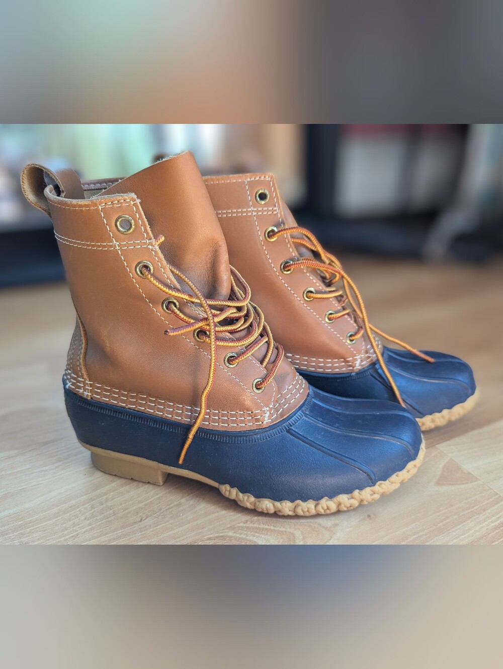L.L. Bean Bean Boots Women's 7 Tan Leather Navy 8" Duck Boots Made in USA EUC